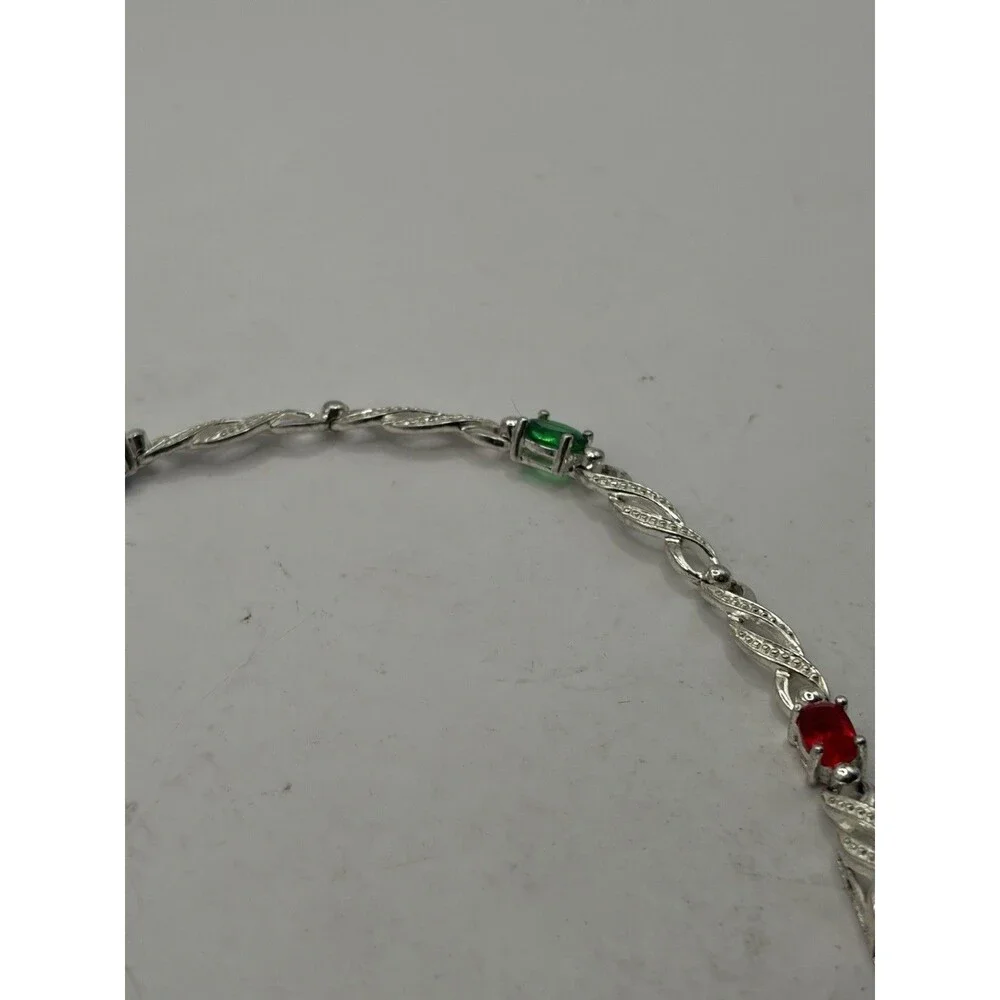 Sterling Silver  Multi-5. Colored Gemstone Link tennis Bracelet 925 7